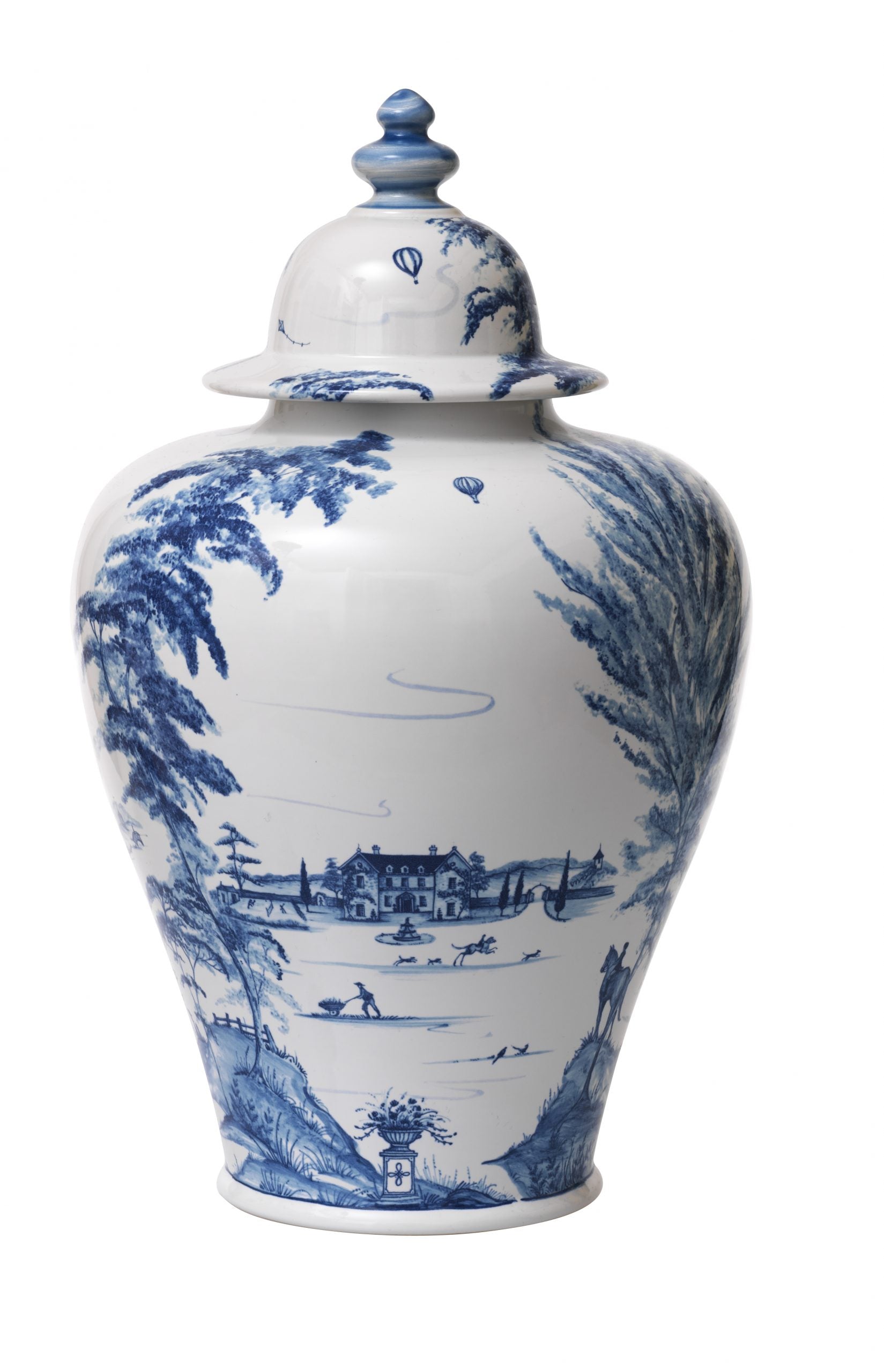 Country Estate Delft Blue 17" Lidded Ginger Jar Estate Grounds